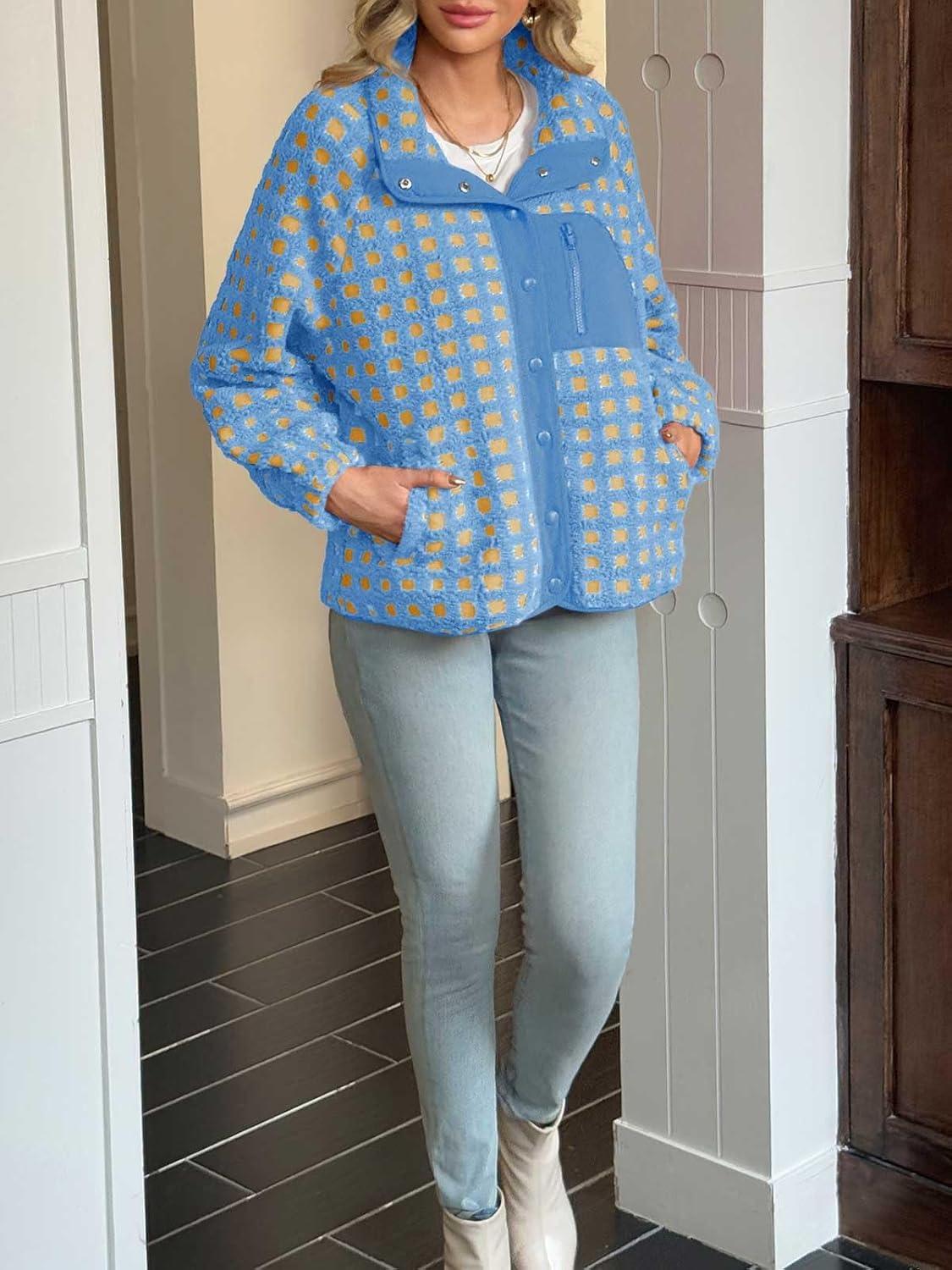 imageTankaneo Womens Fleece Sherpa Jacket Fuzzy Checkered Button Down Stand Collar Jacket Winter Warm OuterwearBlue