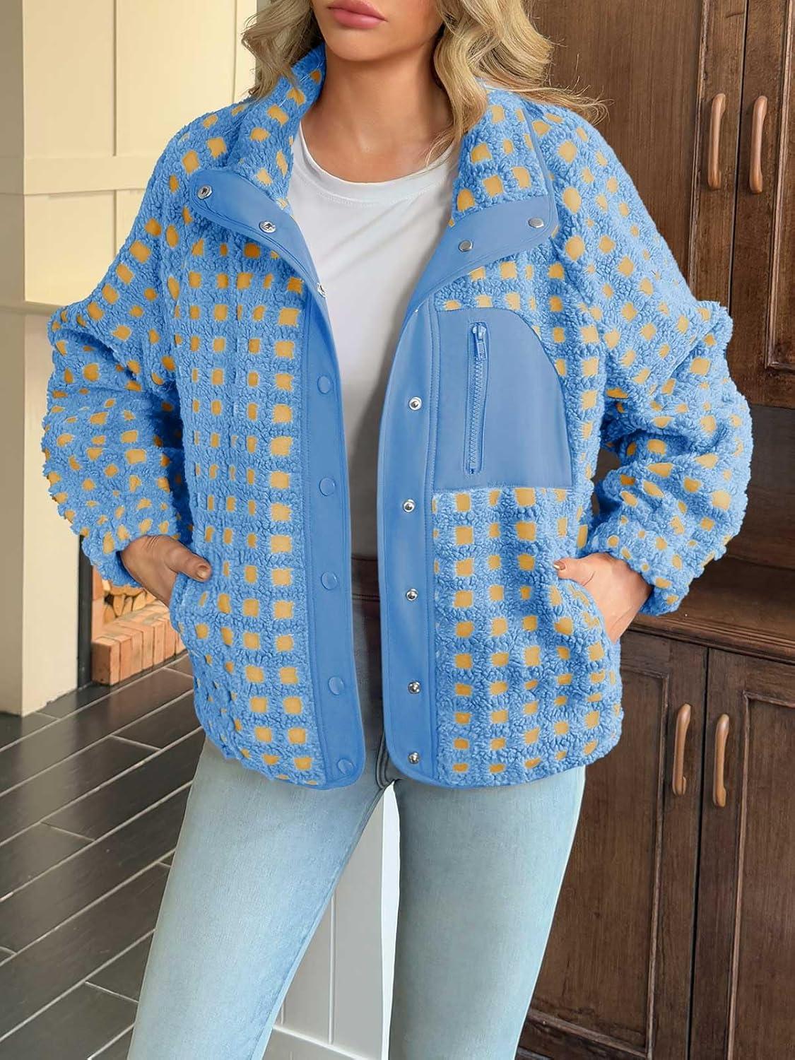 imageTankaneo Womens Fleece Sherpa Jacket Fuzzy Checkered Button Down Stand Collar Jacket Winter Warm OuterwearBlue