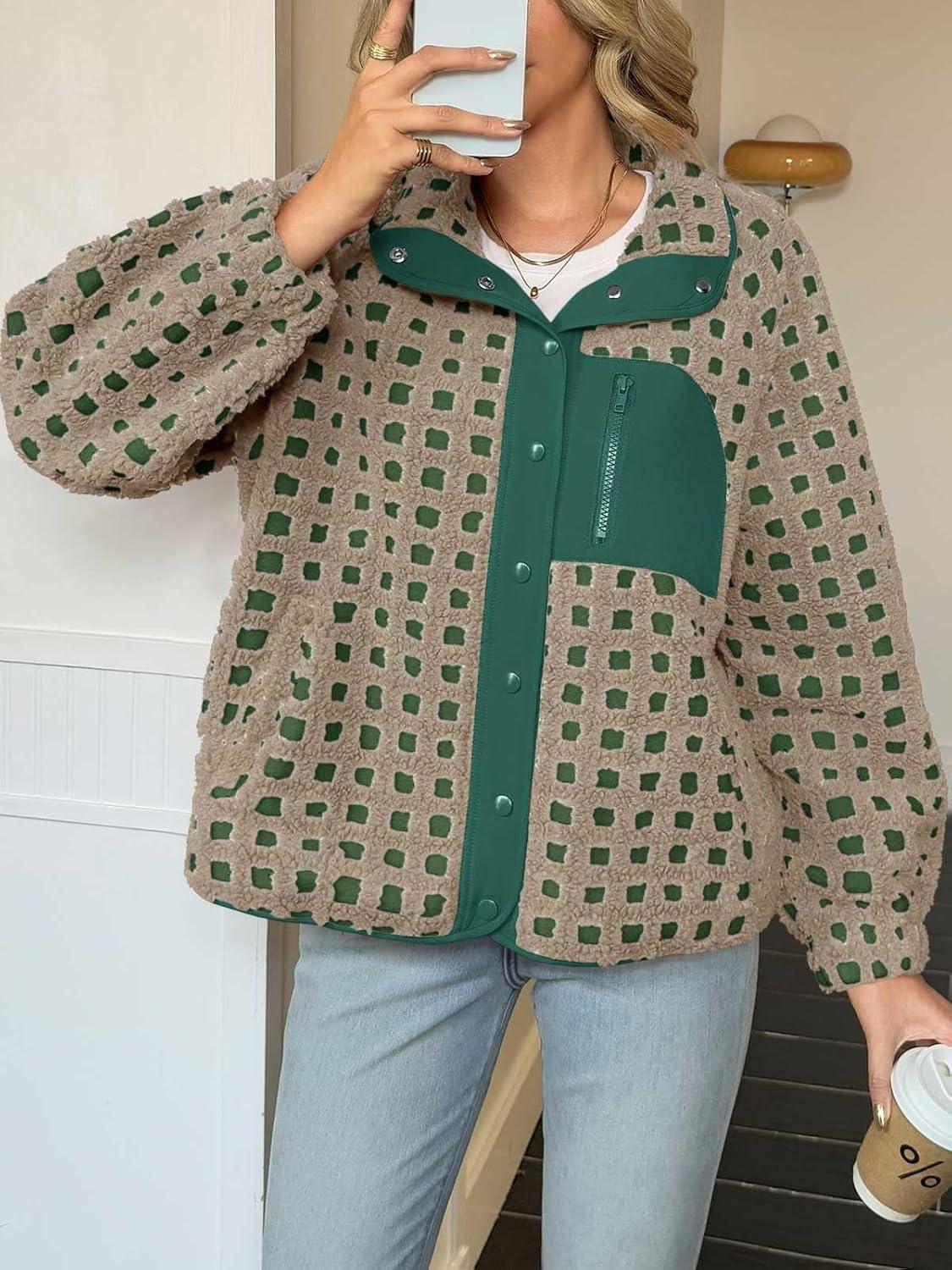 imageTankaneo Womens Fleece Sherpa Jacket Fuzzy Checkered Button Down Stand Collar Jacket Winter Warm OuterwearGreen