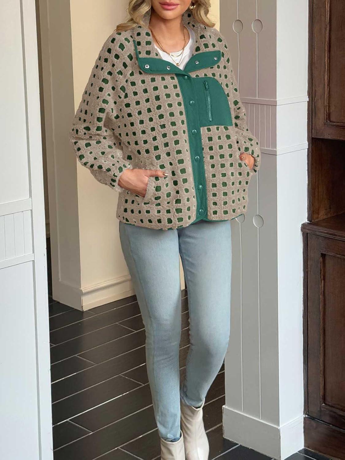 imageTankaneo Womens Fleece Sherpa Jacket Fuzzy Checkered Button Down Stand Collar Jacket Winter Warm OuterwearGreen