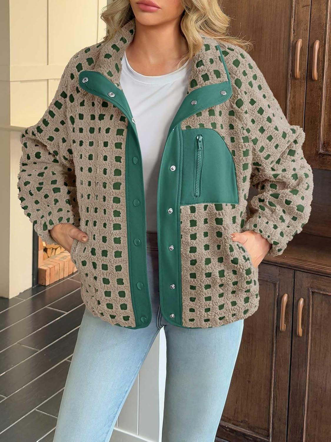 imageTankaneo Womens Fleece Sherpa Jacket Fuzzy Checkered Button Down Stand Collar Jacket Winter Warm OuterwearGreen