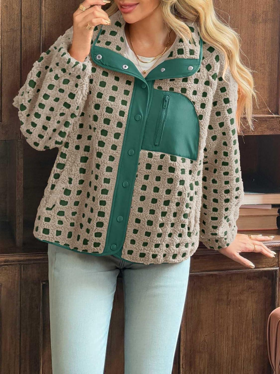 imageTankaneo Womens Fleece Sherpa Jacket Fuzzy Checkered Button Down Stand Collar Jacket Winter Warm OuterwearGreen