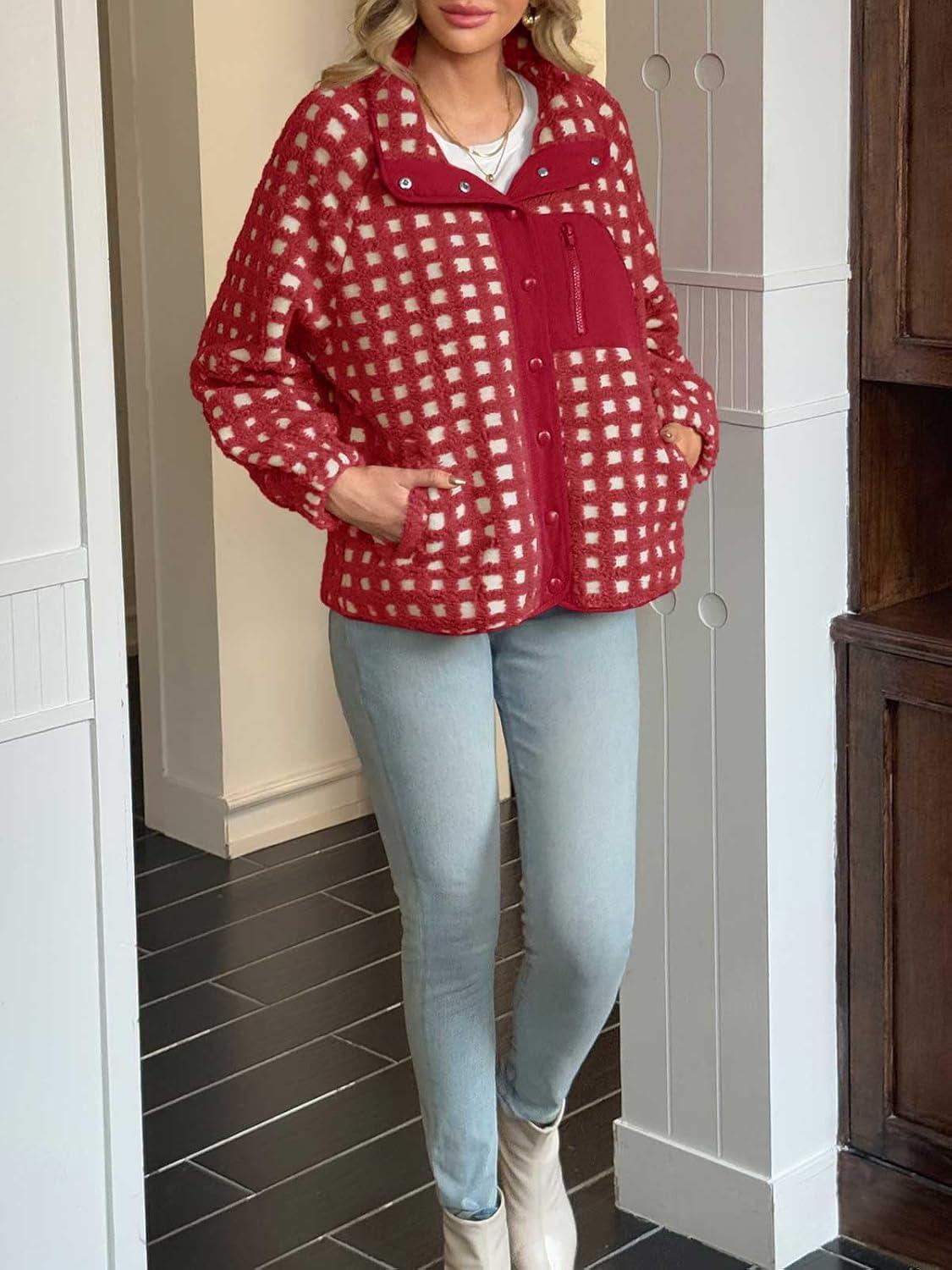 imageTankaneo Womens Fleece Sherpa Jacket Fuzzy Checkered Button Down Stand Collar Jacket Winter Warm OuterwearRed