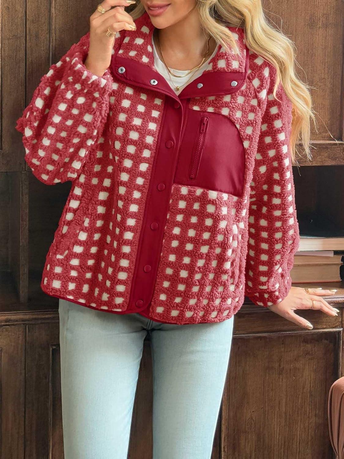 imageTankaneo Womens Fleece Sherpa Jacket Fuzzy Checkered Button Down Stand Collar Jacket Winter Warm OuterwearRed