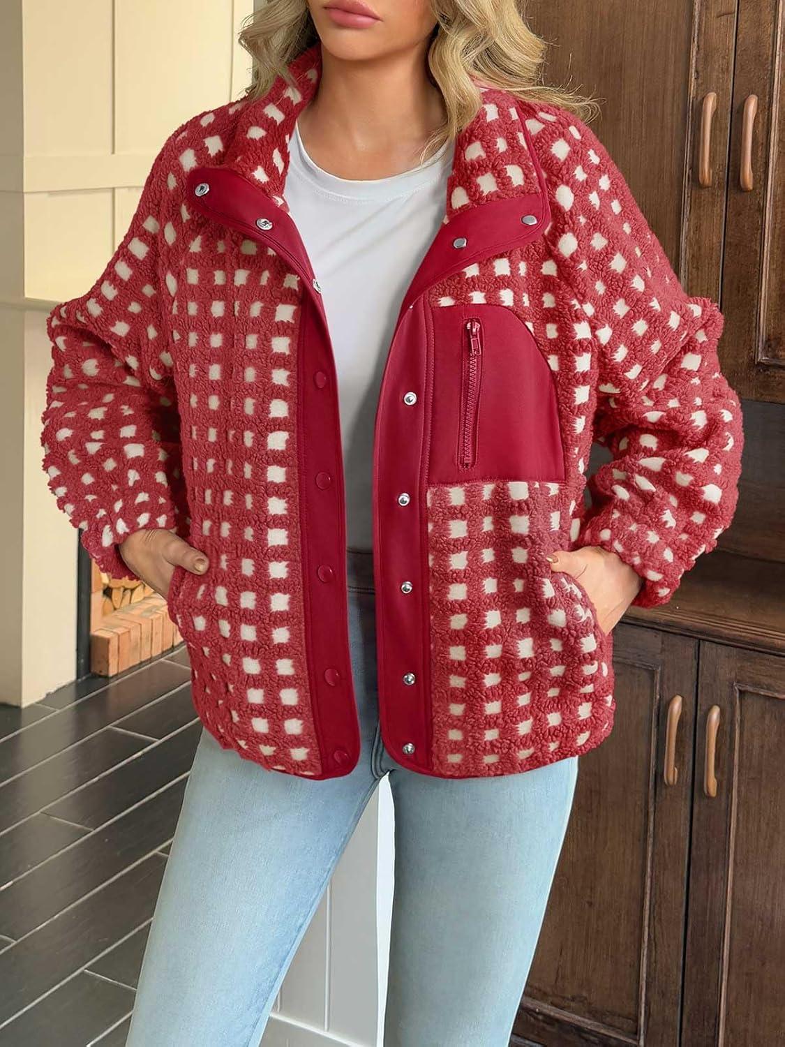 imageTankaneo Womens Fleece Sherpa Jacket Fuzzy Checkered Button Down Stand Collar Jacket Winter Warm OuterwearRed
