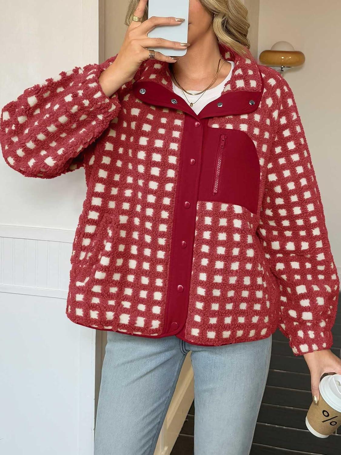 imageTankaneo Womens Fleece Sherpa Jacket Fuzzy Checkered Button Down Stand Collar Jacket Winter Warm OuterwearRed