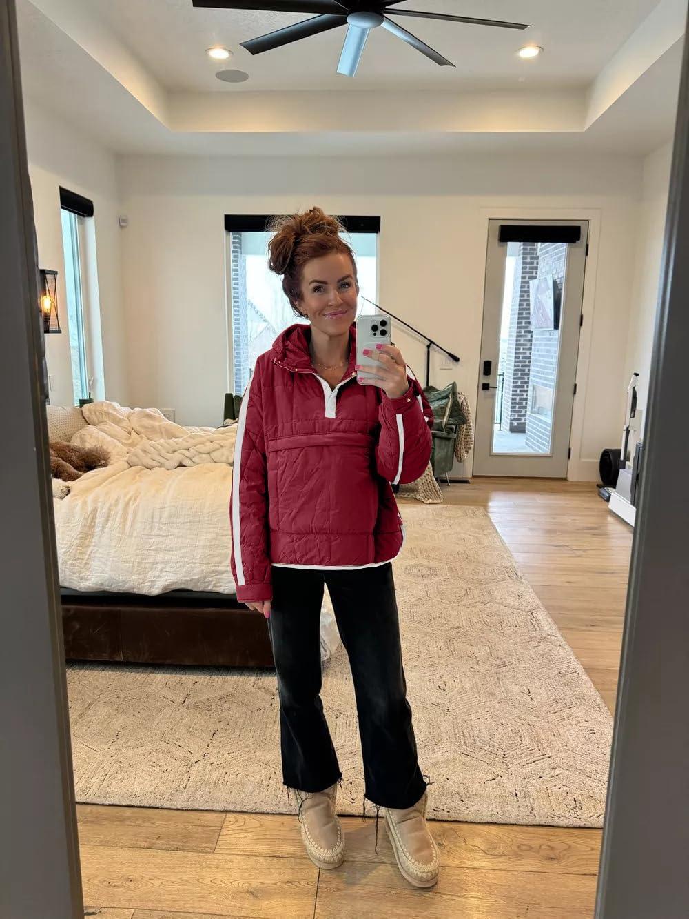 imageTankaneo Womens Oversized Puffer Pullover Jacket Quilted Color Block Puffy Hooded Coat Fall Hoodies Outerwear with PocketsWine Red