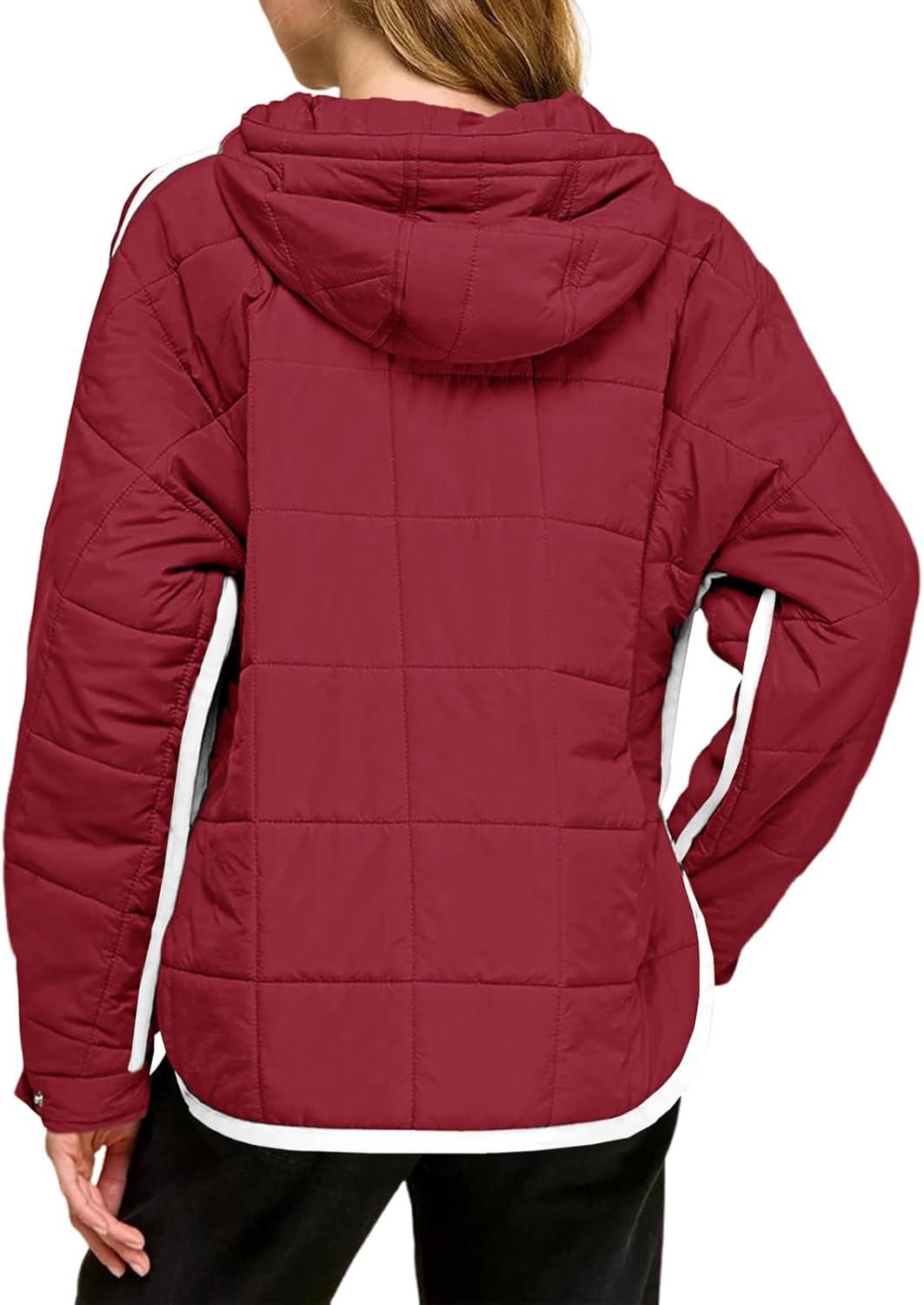 imageTankaneo Womens Oversized Puffer Pullover Jacket Quilted Color Block Puffy Hooded Coat Fall Hoodies Outerwear with PocketsWine Red