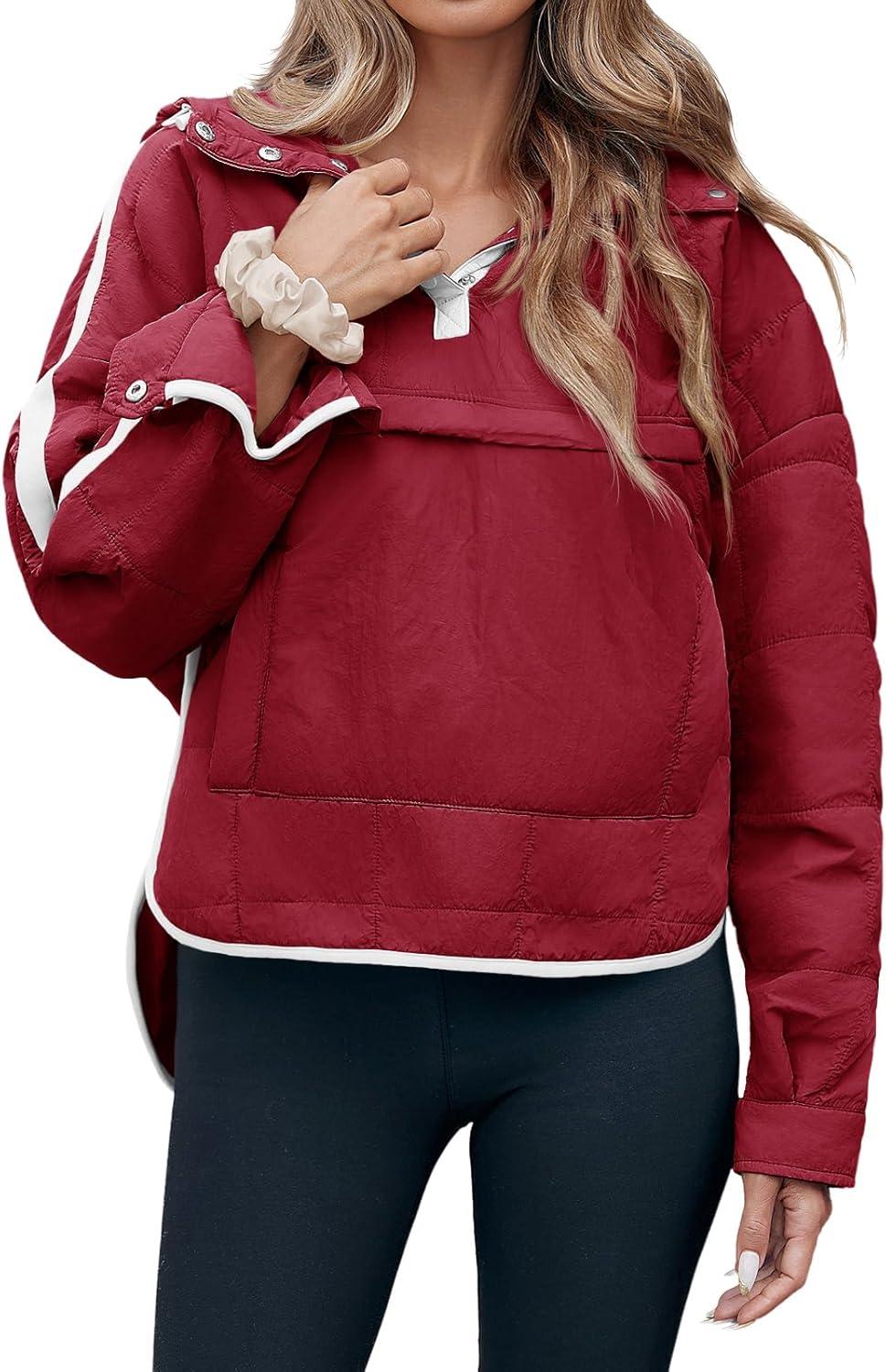 imageTankaneo Womens Oversized Puffer Pullover Jacket Quilted Color Block Puffy Hooded Coat Fall Hoodies Outerwear with PocketsWine Red