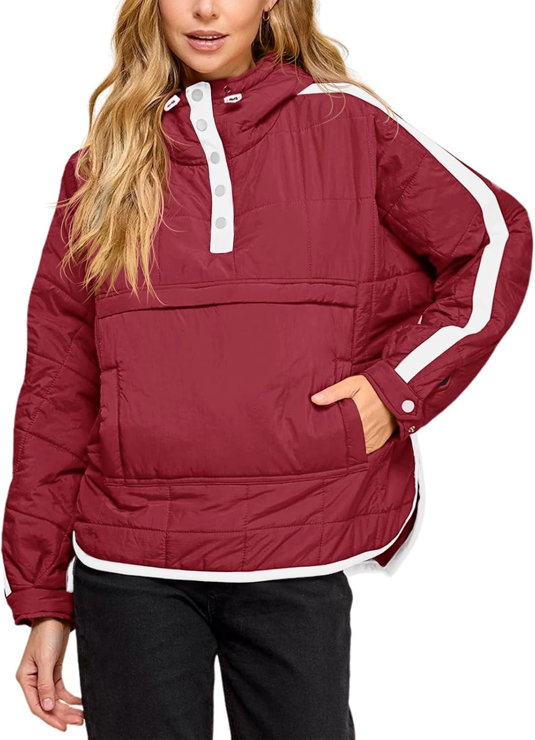 imageTankaneo Womens Oversized Puffer Pullover Jacket Quilted Color Block Puffy Hooded Coat Fall Hoodies Outerwear with PocketsWine Red
