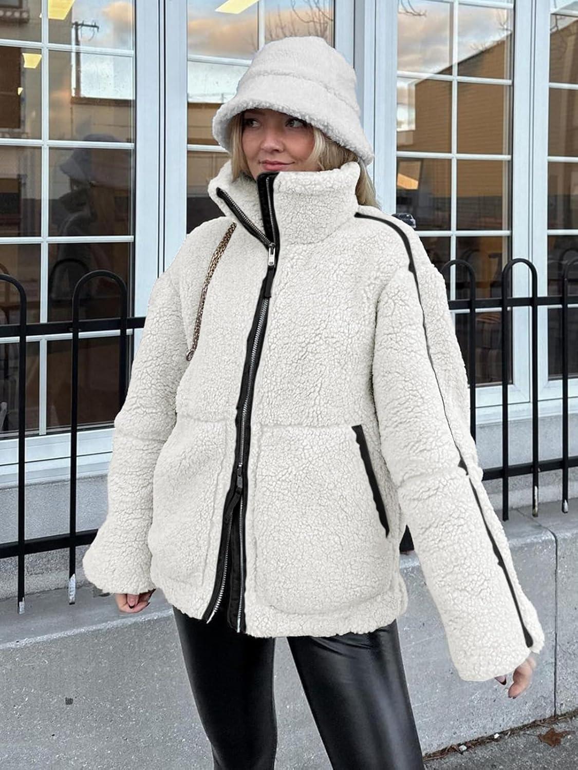 imageTankaneo Womens Oversized Sherpa Fleece Jacket Zip Up Teddy Coat Winter Warm Stand Collar Fuzzy OuterwearWhite