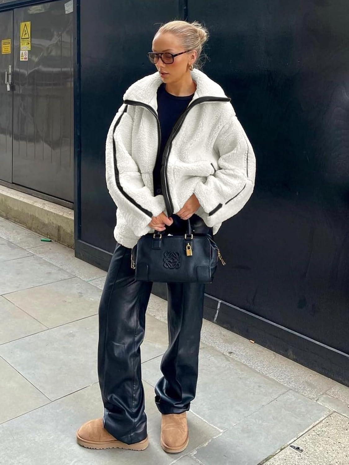 imageTankaneo Womens Oversized Sherpa Fleece Jacket Zip Up Teddy Coat Winter Warm Stand Collar Fuzzy OuterwearWhite