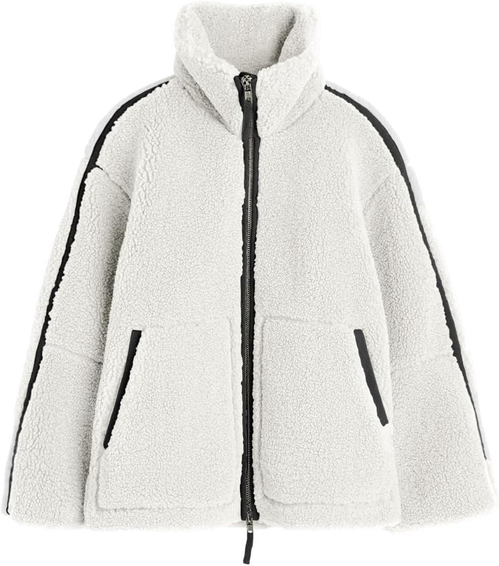 imageTankaneo Womens Oversized Sherpa Fleece Jacket Zip Up Teddy Coat Winter Warm Stand Collar Fuzzy OuterwearWhite
