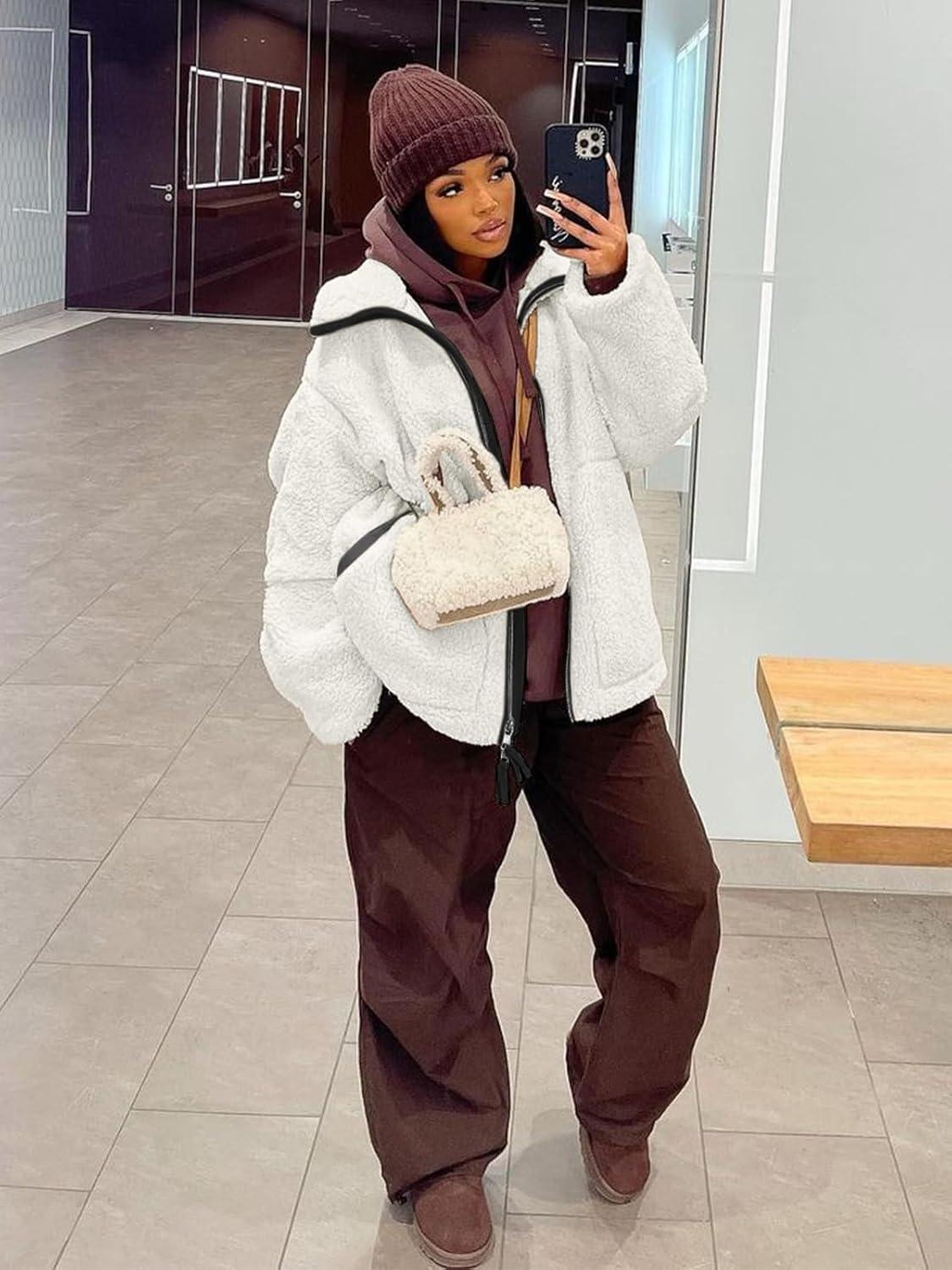 imageTankaneo Womens Oversized Sherpa Fleece Jacket Zip Up Teddy Coat Winter Warm Stand Collar Fuzzy OuterwearWhite