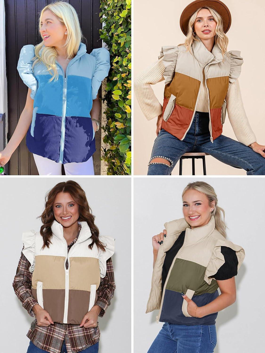 imageTankaneo Womens Puffer Vest Ruffle Sleeveless Zip Up Quilted Jacket Color Block Winter Warm Padded Gilet CoatsBlack