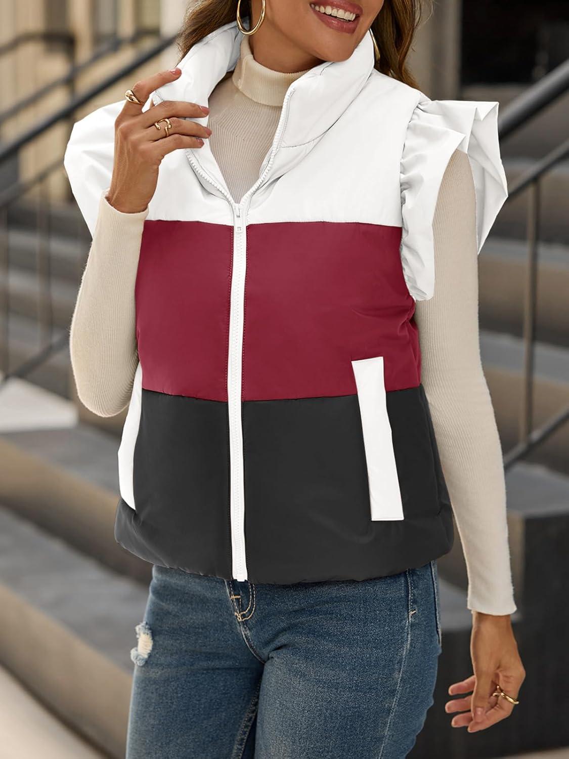 imageTankaneo Womens Puffer Vest Ruffle Sleeveless Zip Up Quilted Jacket Color Block Winter Warm Padded Gilet CoatsBlack