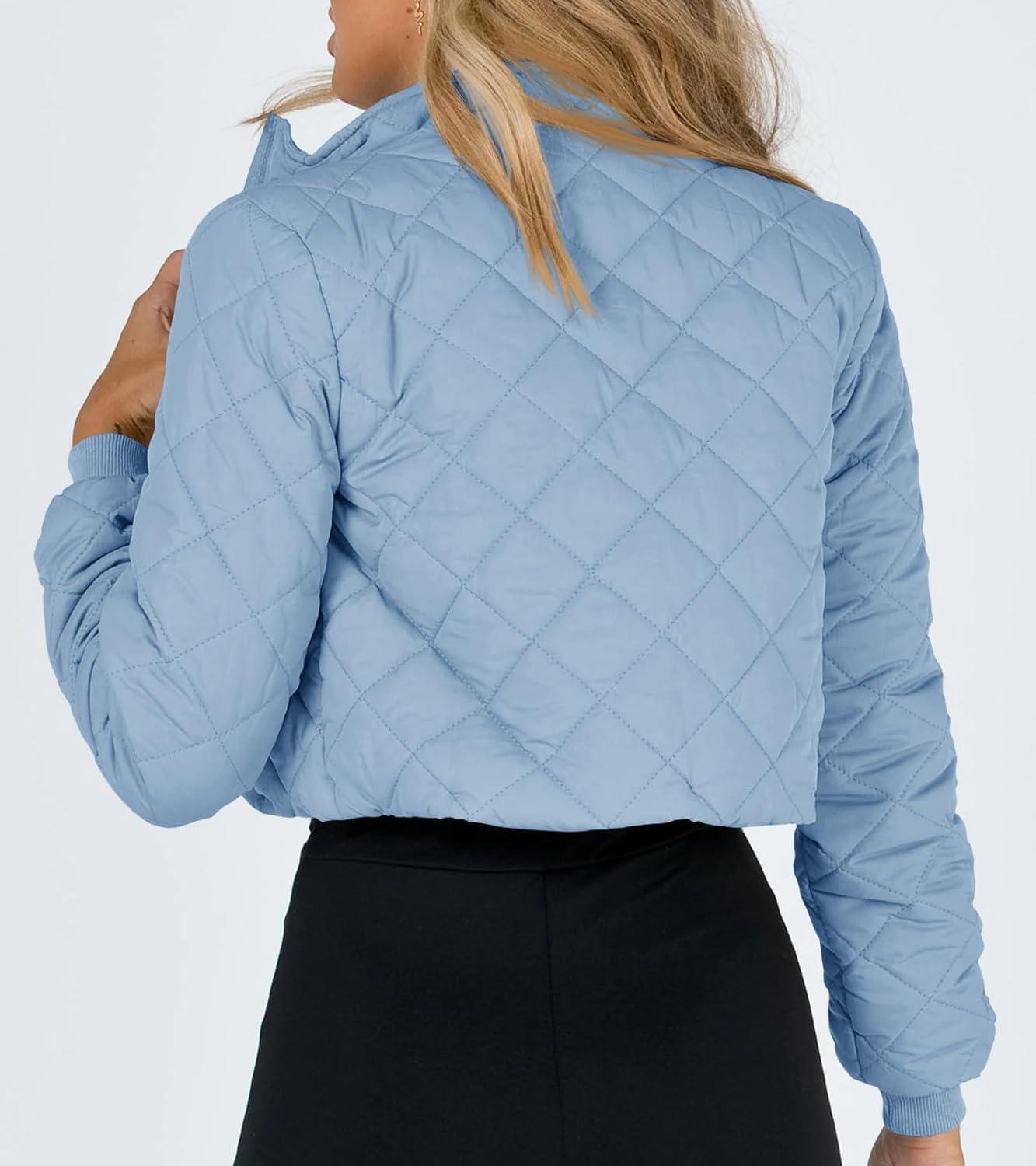 imageTankaneo Womens Winter Cropped Puffer Jacket Quilted Zip Up Bomber Coat Fashion Outerwear with Pockets