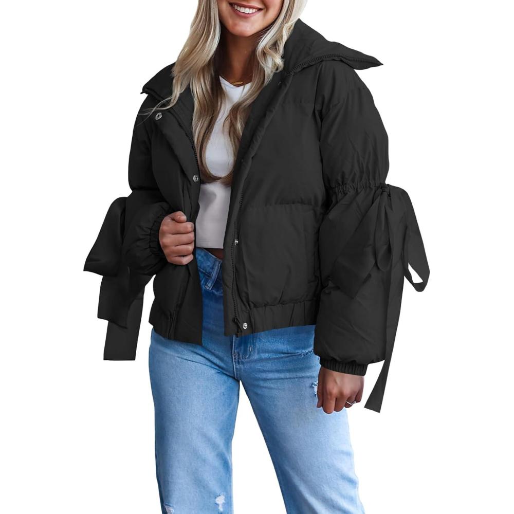 imageTankaneo Womens Bow Puffer Jacket Winter Warm Cropped Quilted Jackets Baggy Short Down CoatsBlack