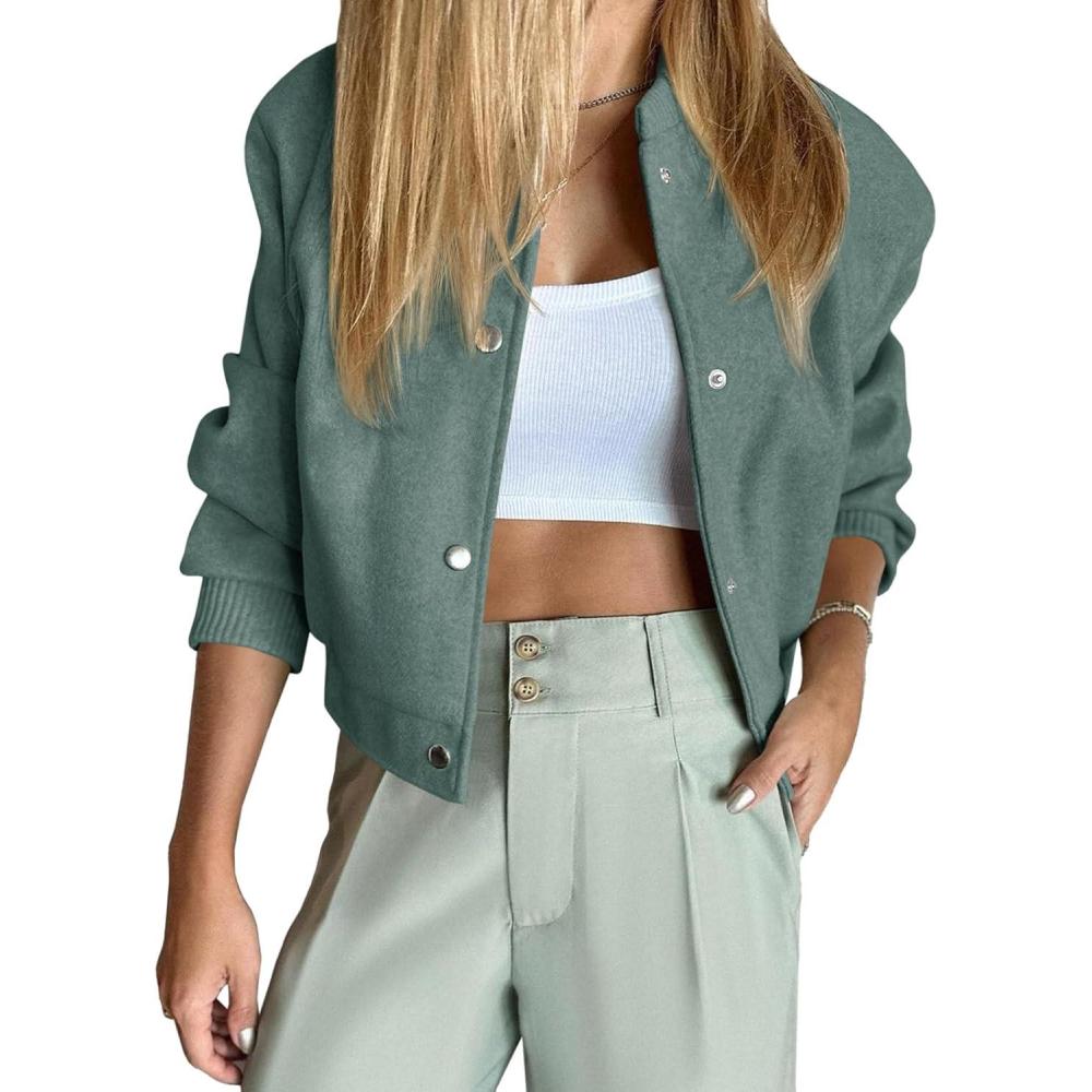 imageTankaneo Womens Cropped Bomber Jacket Wool Blend Varsity Short Pea Coats Long Sleeve Button Down Winter Casual OuterwearArmy Green