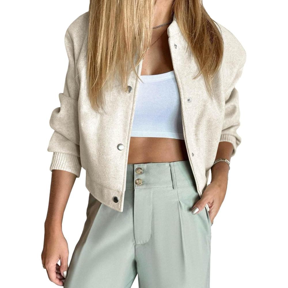 imageTankaneo Womens Cropped Bomber Jacket Wool Blend Varsity Short Pea Coats Long Sleeve Button Down Winter Casual OuterwearBeige
