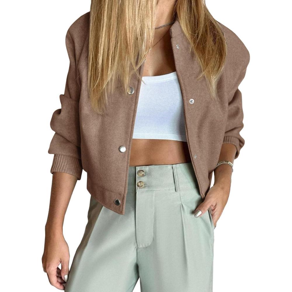imageTankaneo Womens Cropped Bomber Jacket Wool Blend Varsity Short Pea Coats Long Sleeve Button Down Winter Casual OuterwearBrown