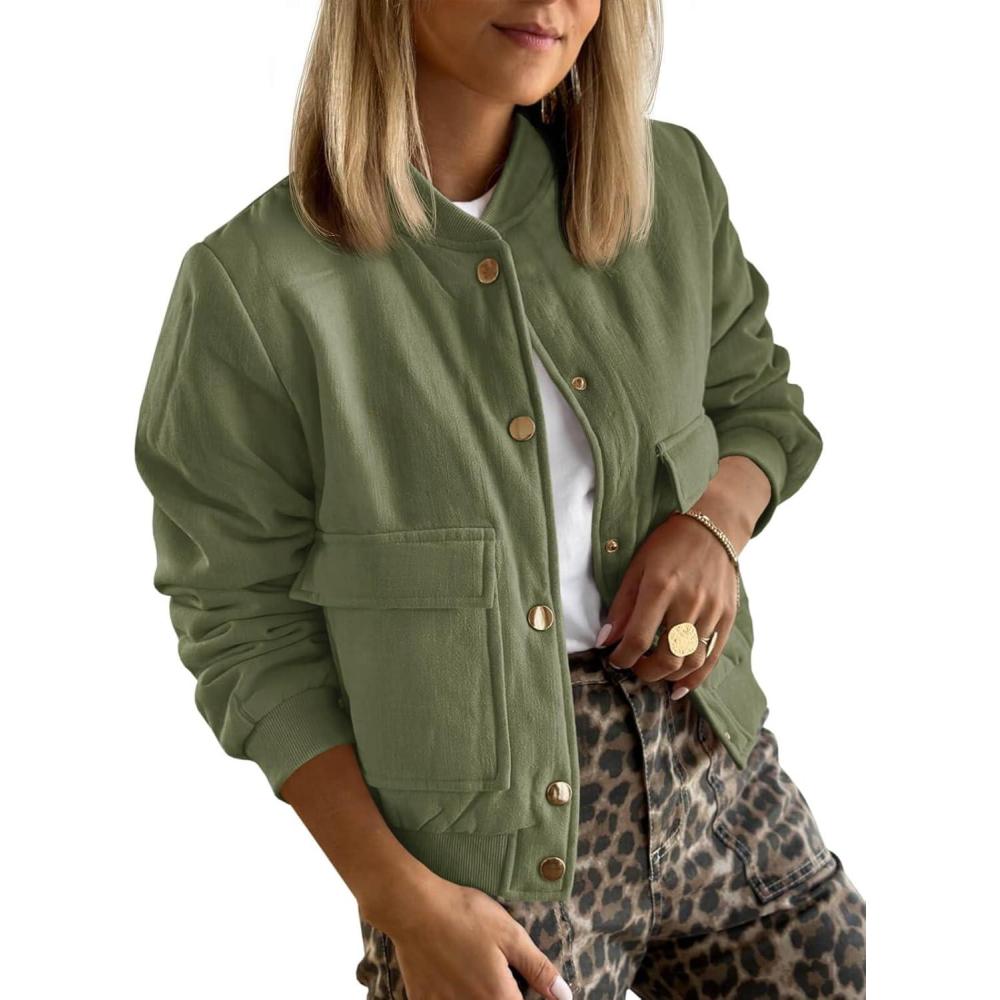 imageTankaneo Womens Cropped Puffer Bomber Jacket Winter Casual Button Down Varsity Coats with PocketsArmy Green
