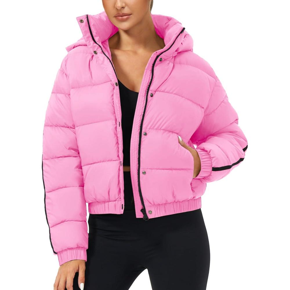 imageTankaneo Womens Cropped Puffer Jacket Hooded Quilted Contrast Trim Short Down Coats Outerwear Winter OutfitsPink