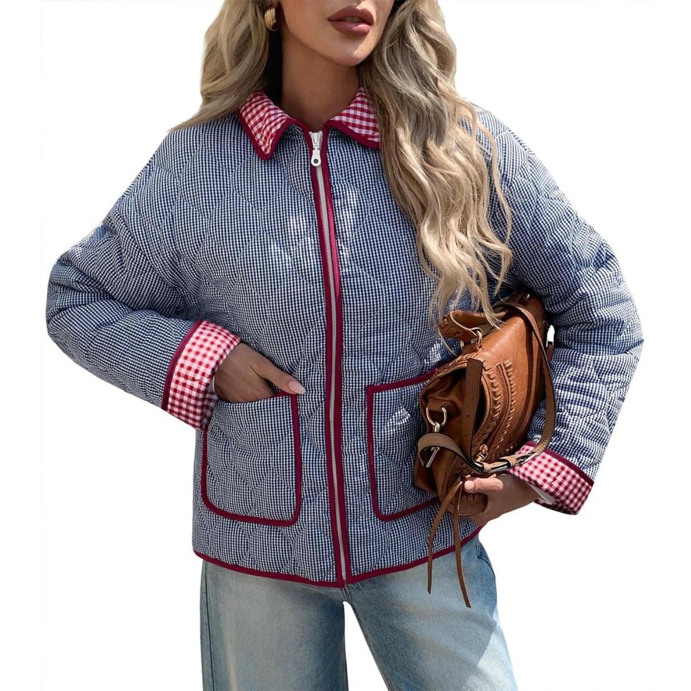 imageTankaneo Womens Cropped Quilted Jackets Plaid Lightweight Full Zip Up Jacket Puffer Padded Coat with PocketsBlue