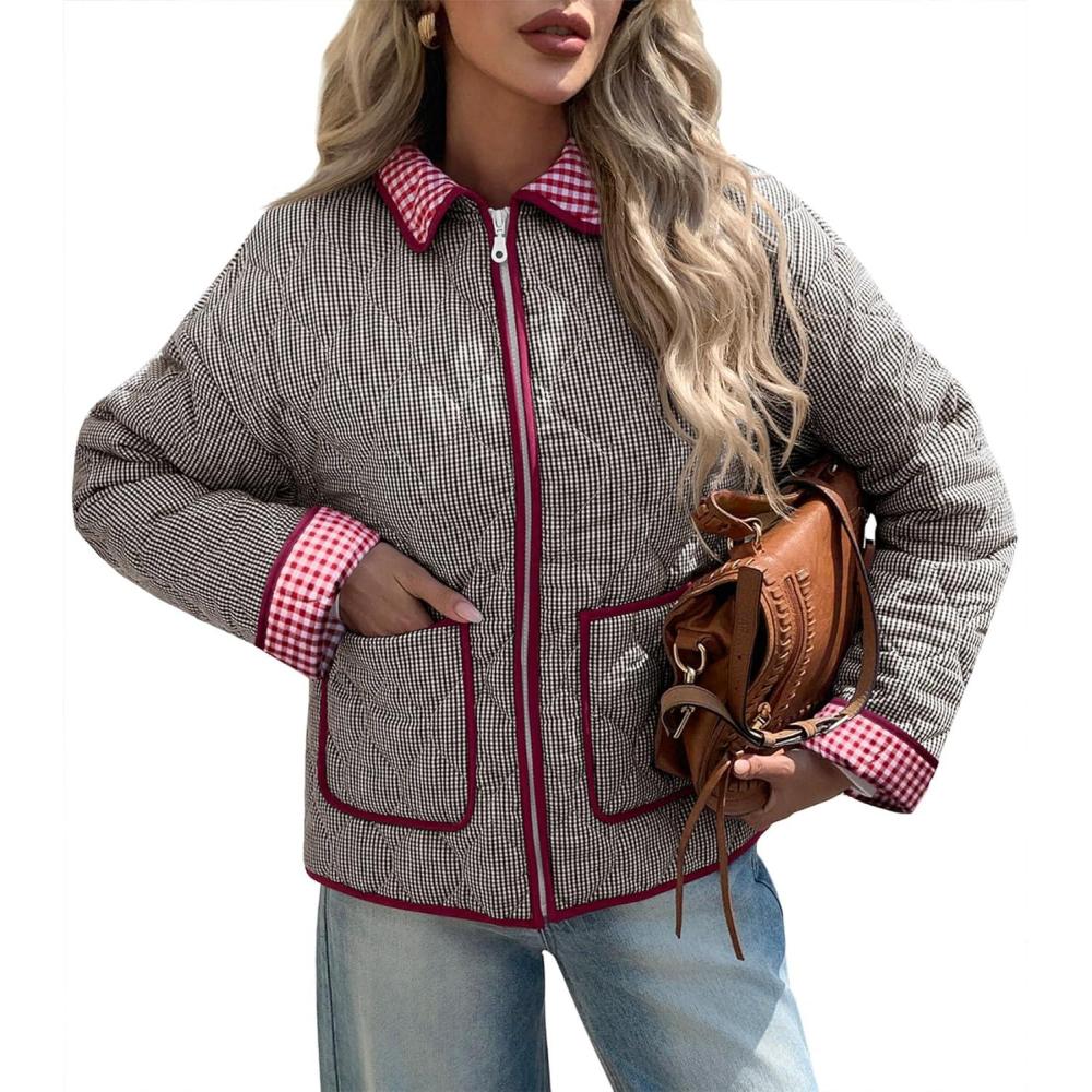 imageTankaneo Womens Cropped Quilted Jackets Plaid Lightweight Full Zip Up Jacket Puffer Padded Coat with PocketsBrown