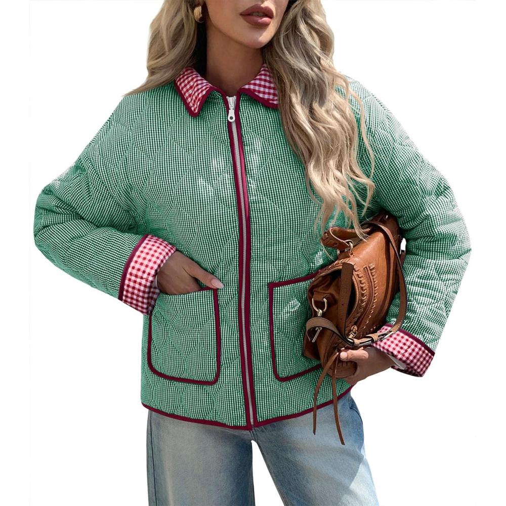 imageTankaneo Womens Cropped Quilted Jackets Plaid Lightweight Full Zip Up Jacket Puffer Padded Coat with PocketsGreen