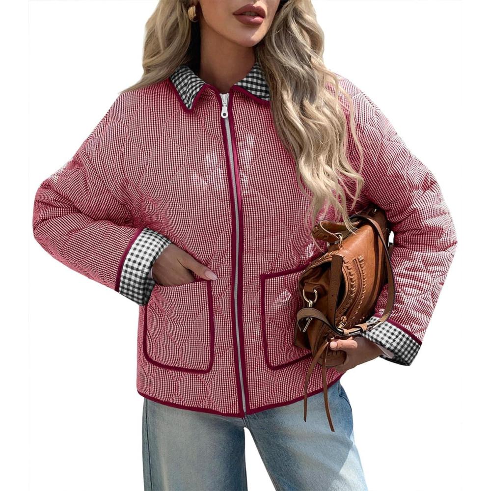 imageTankaneo Womens Cropped Quilted Jackets Plaid Lightweight Full Zip Up Jacket Puffer Padded Coat with PocketsRed