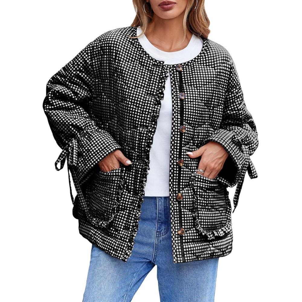 imageTankaneo Womens Cropped Quilted Puffer Jackets Lightweight Plaid Button Down Bow Padded Down CoatBlack