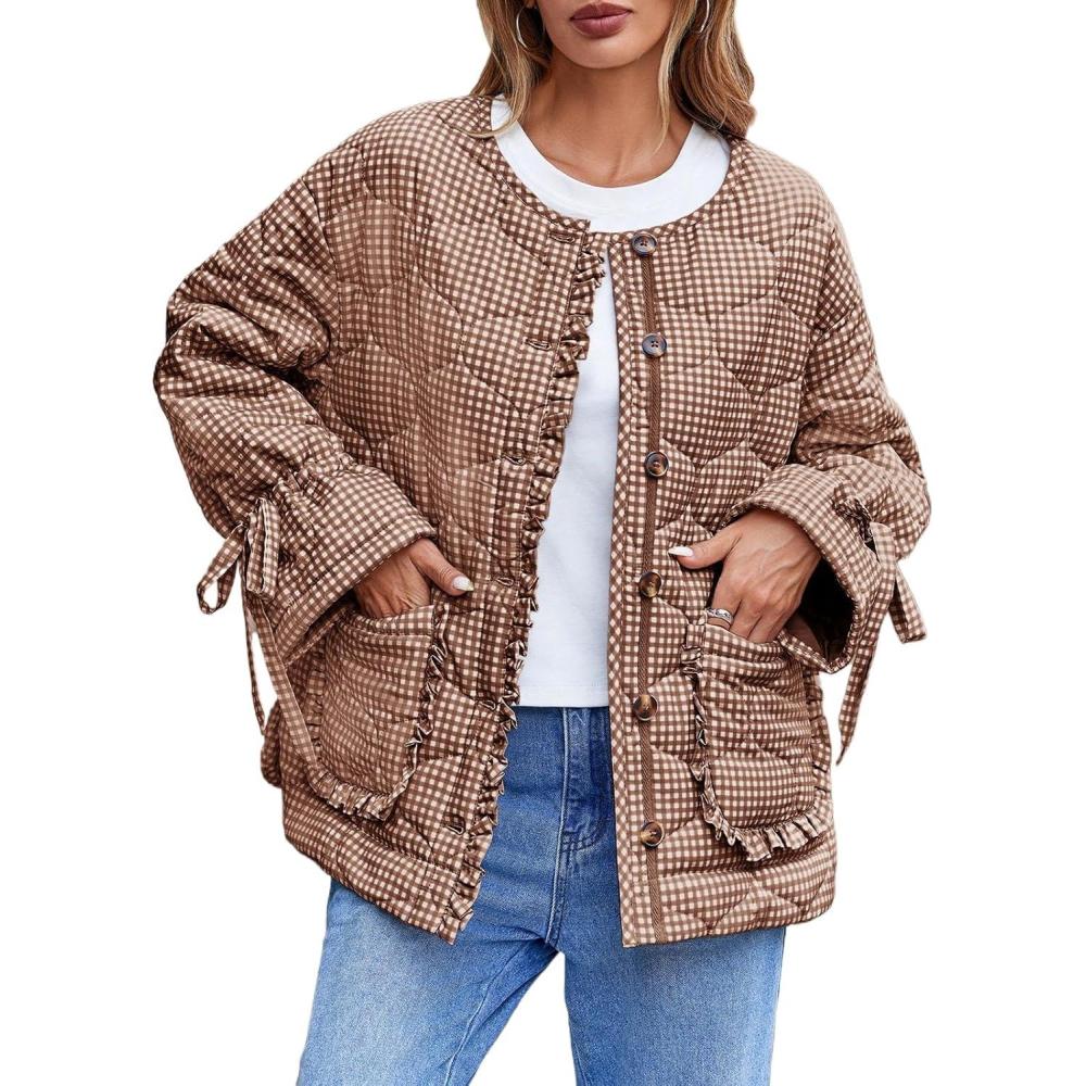 imageTankaneo Womens Cropped Quilted Puffer Jackets Lightweight Plaid Button Down Bow Padded Down CoatCoffee