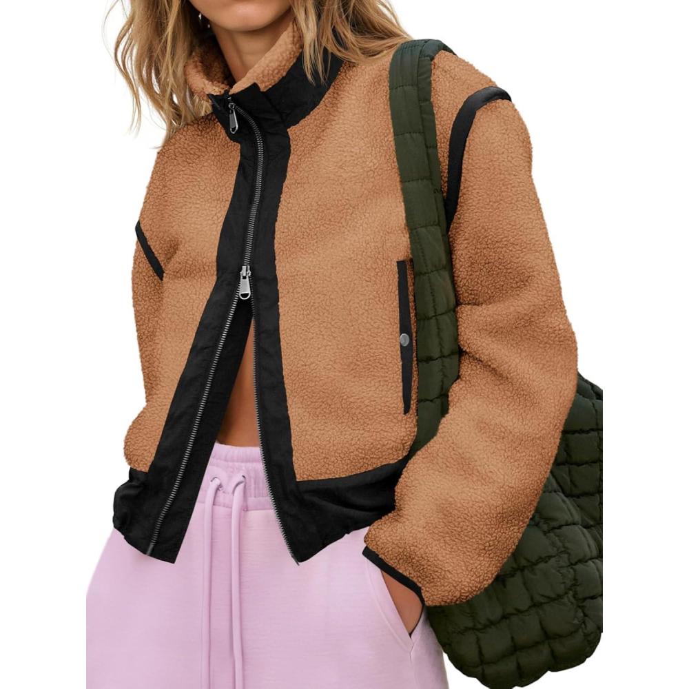 imageTankaneo Womens Cropped Zip Up Fleece Jacket Stand Collar Fuzzy Sherpa Coat Winter Color Block Teddy OuterwearBrown