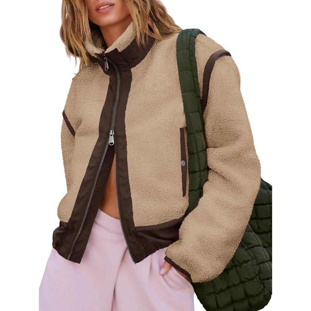 imageTankaneo Womens Cropped Zip Up Fleece Jacket Stand Collar Fuzzy Sherpa Coat Winter Color Block Teddy OuterwearKhaki