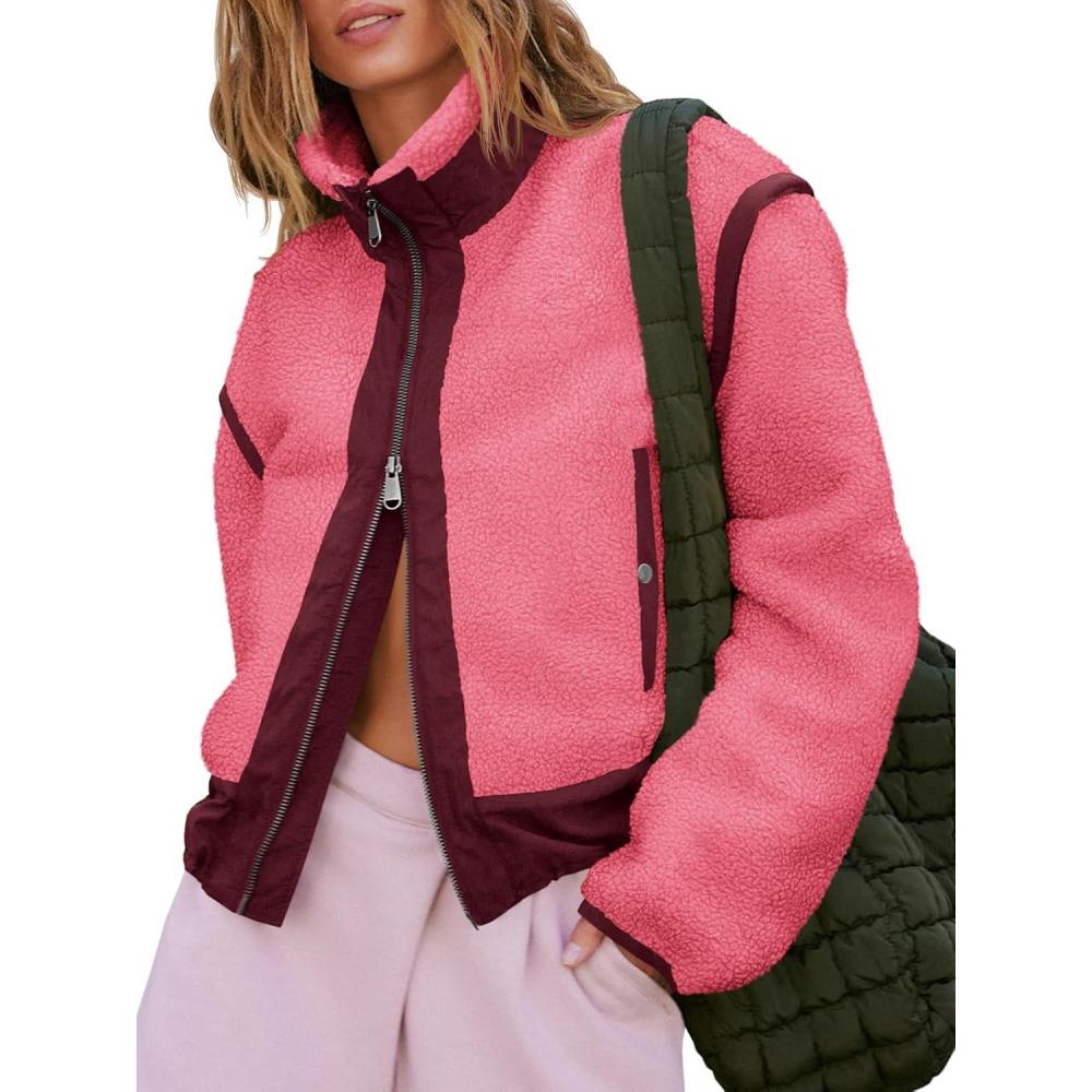 imageTankaneo Womens Cropped Zip Up Fleece Jacket Stand Collar Fuzzy Sherpa Coat Winter Color Block Teddy OuterwearPink