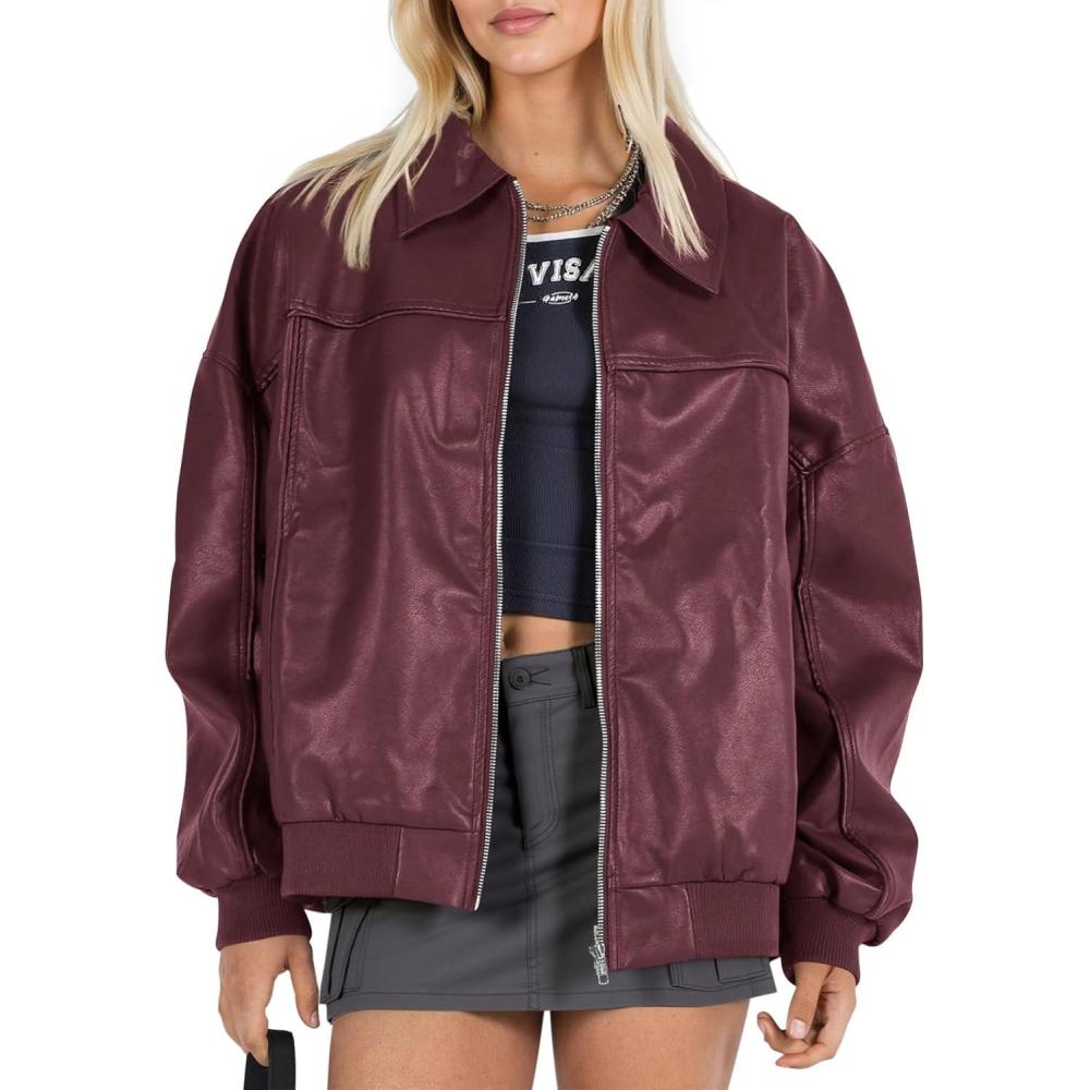 imageTankaneo Womens Faux Leather Jackets Oversized Bomber Casual Fall Fashion Zip Up Moto Biker CoatsBurgundy