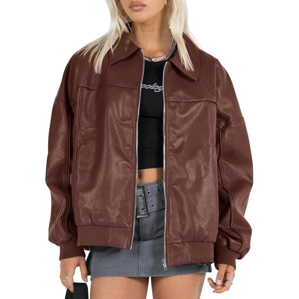 imageTankaneo Womens Faux Leather Jackets Oversized Bomber Casual Fall Fashion Zip Up Moto Biker CoatsCoffee