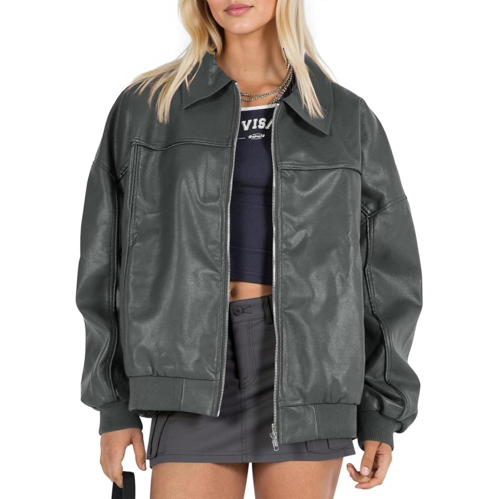 imageTankaneo Womens Faux Leather Jackets Oversized Bomber Casual Fall Fashion Zip Up Moto Biker CoatsGrey Green