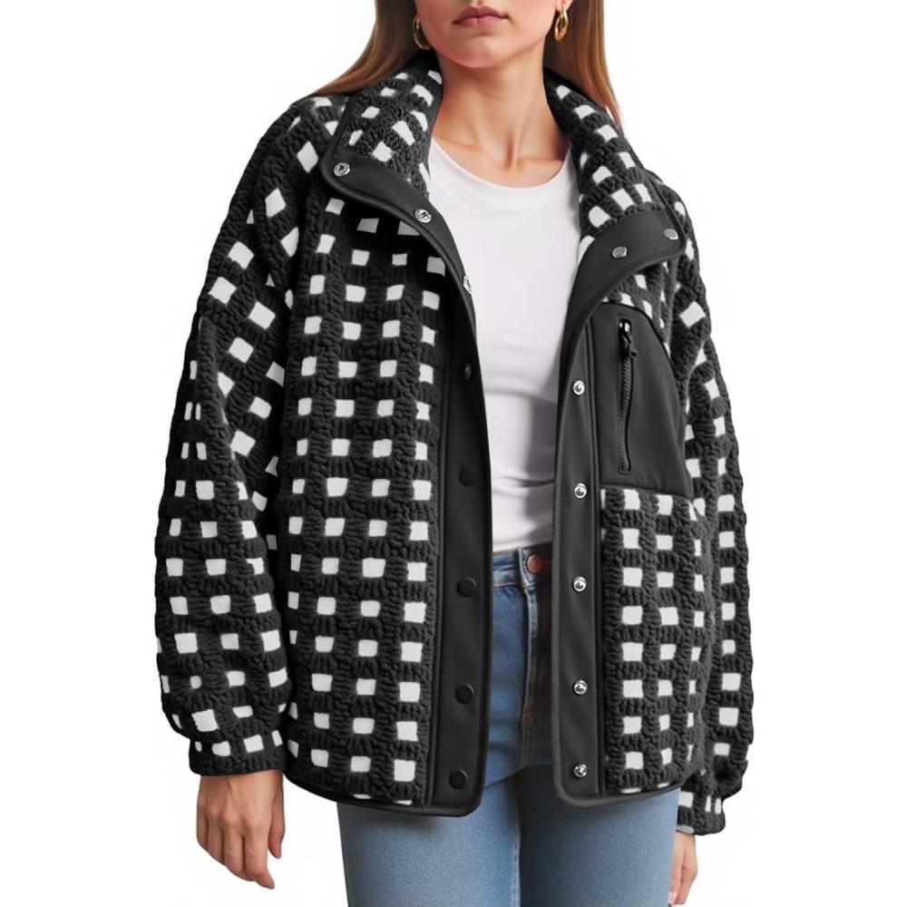 imageTankaneo Womens Fleece Sherpa Jacket Fuzzy Checkered Button Down Stand Collar Jacket Winter Warm OuterwearBlack