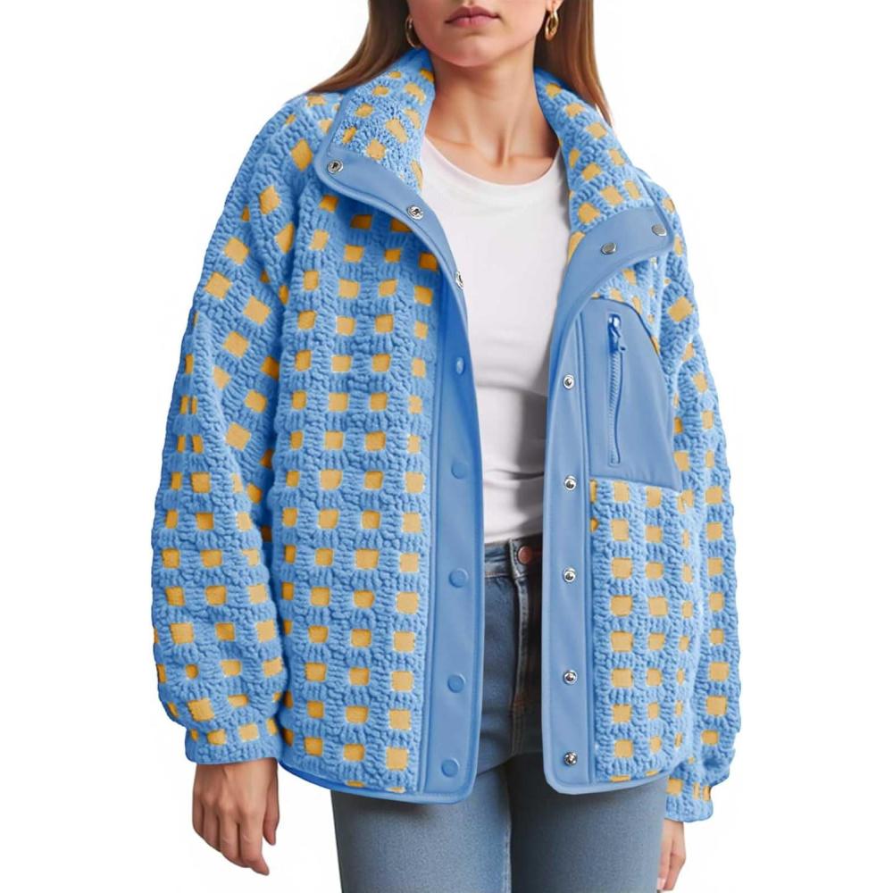 imageTankaneo Womens Fleece Sherpa Jacket Fuzzy Checkered Button Down Stand Collar Jacket Winter Warm OuterwearBlue