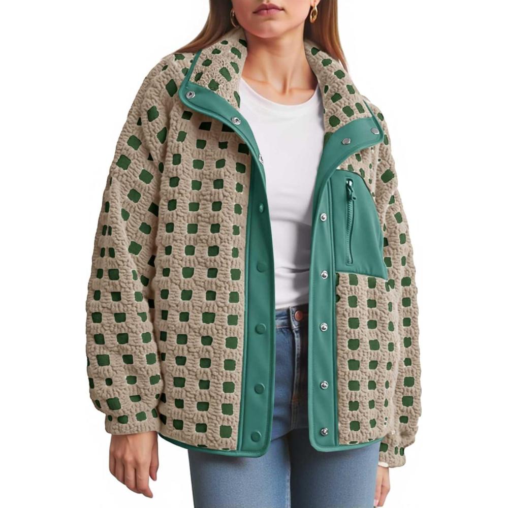 imageTankaneo Womens Fleece Sherpa Jacket Fuzzy Checkered Button Down Stand Collar Jacket Winter Warm OuterwearGreen