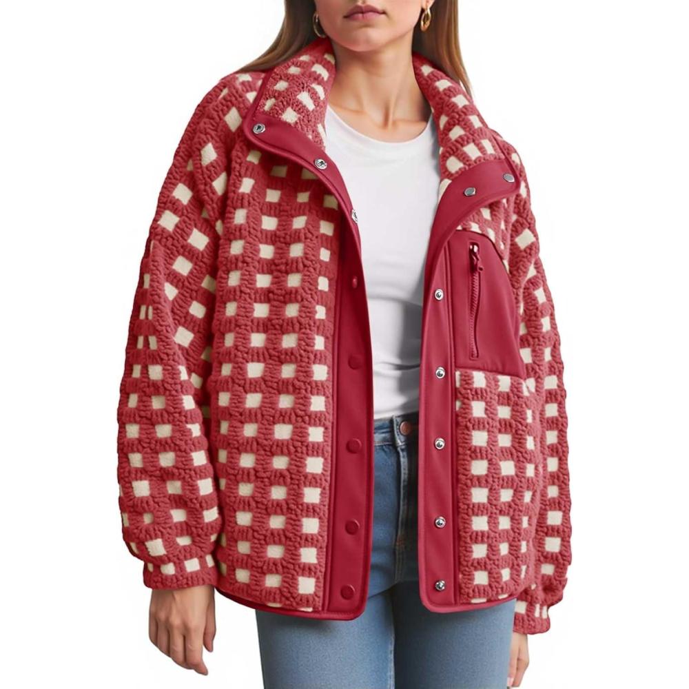 imageTankaneo Womens Fleece Sherpa Jacket Fuzzy Checkered Button Down Stand Collar Jacket Winter Warm OuterwearRed