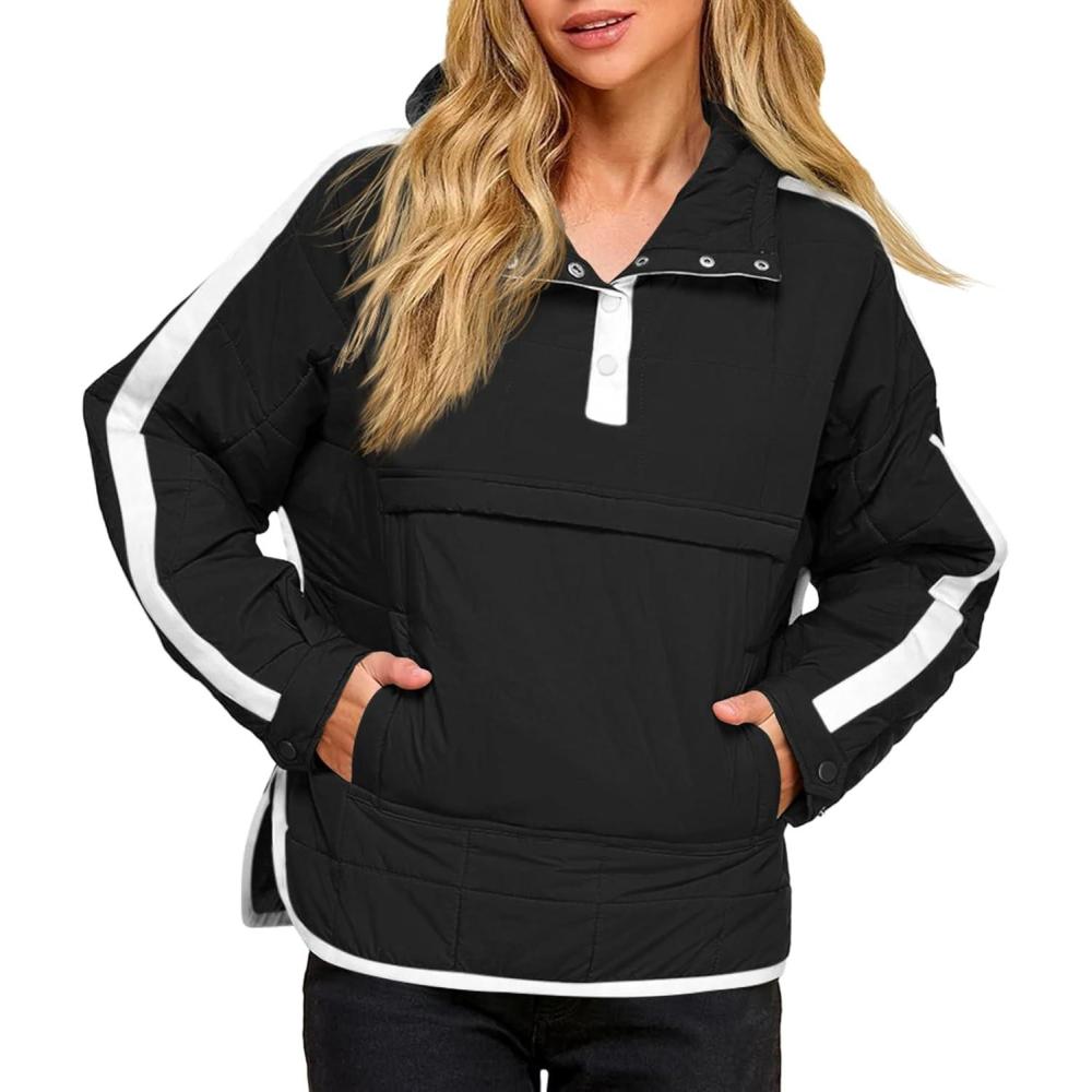 imageTankaneo Womens Oversized Puffer Pullover Jacket Quilted Color Block Puffy Hooded Coat Fall Hoodies Outerwear with PocketsBlack
