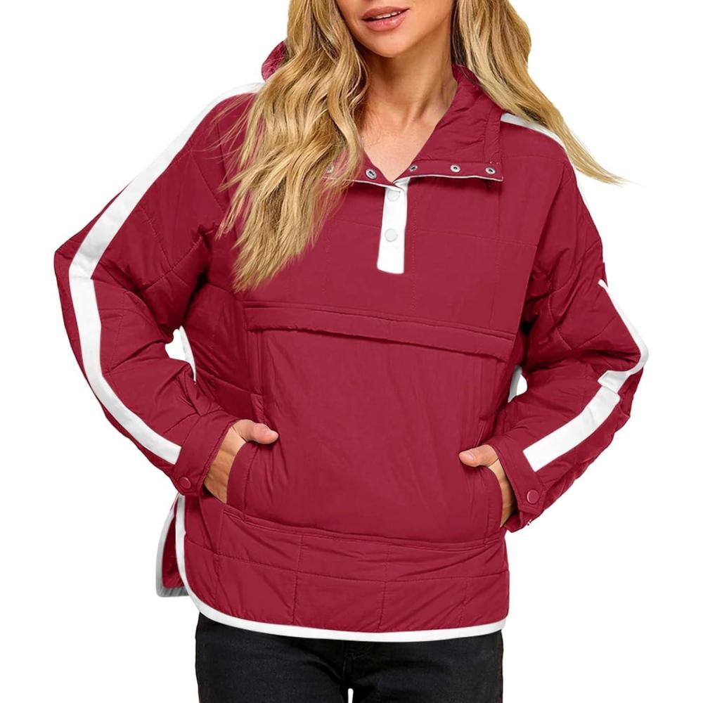 imageTankaneo Womens Oversized Puffer Pullover Jacket Quilted Color Block Puffy Hooded Coat Fall Hoodies Outerwear with PocketsWine Red