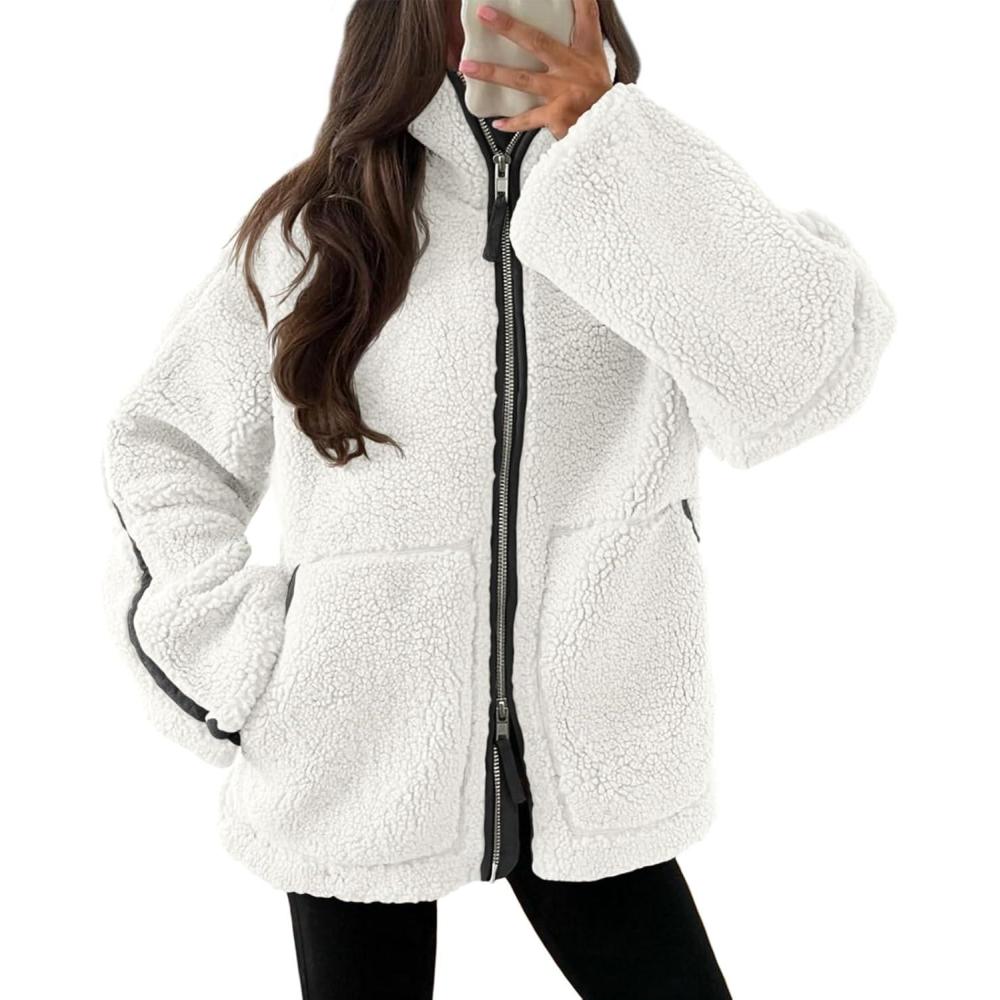 imageTankaneo Womens Oversized Sherpa Fleece Jacket Zip Up Teddy Coat Winter Warm Stand Collar Fuzzy OuterwearWhite