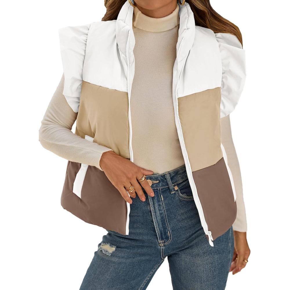 imageTankaneo Womens Puffer Vest Ruffle Sleeveless Zip Up Quilted Jacket Color Block Winter Warm Padded Gilet CoatsCoffee