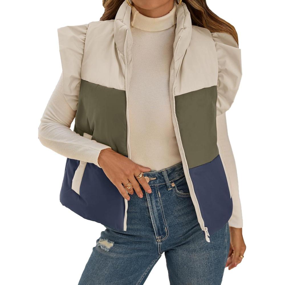 imageTankaneo Womens Puffer Vest Ruffle Sleeveless Zip Up Quilted Jacket Color Block Winter Warm Padded Gilet CoatsGreen