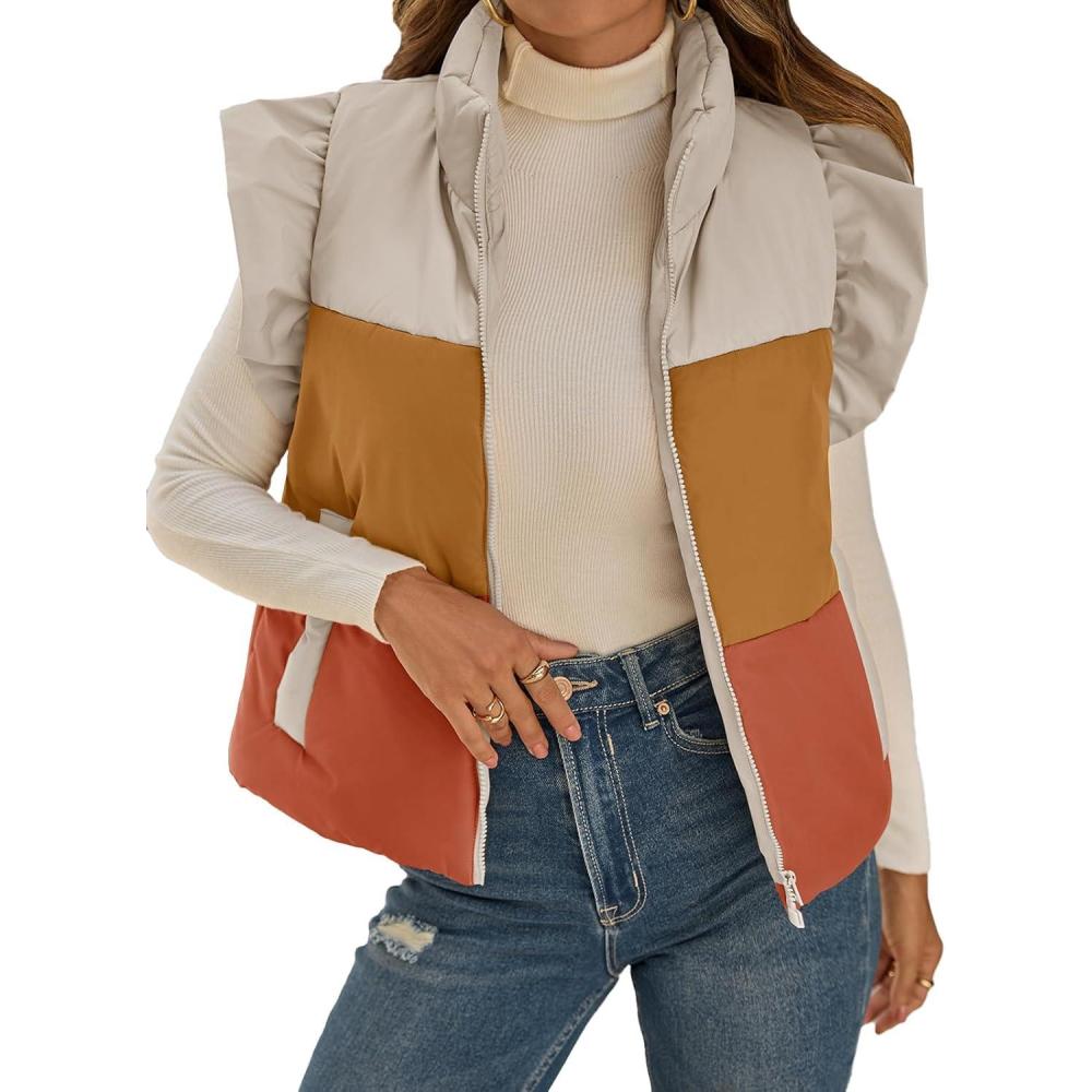 imageTankaneo Womens Puffer Vest Ruffle Sleeveless Zip Up Quilted Jacket Color Block Winter Warm Padded Gilet CoatsKhaki