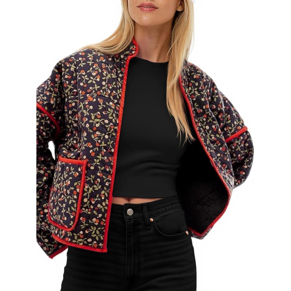 imageTankaneo Womens Quilted Lightweight Jackets Floral Print Winter Coats Open Front Cardigan with PocketsBlack